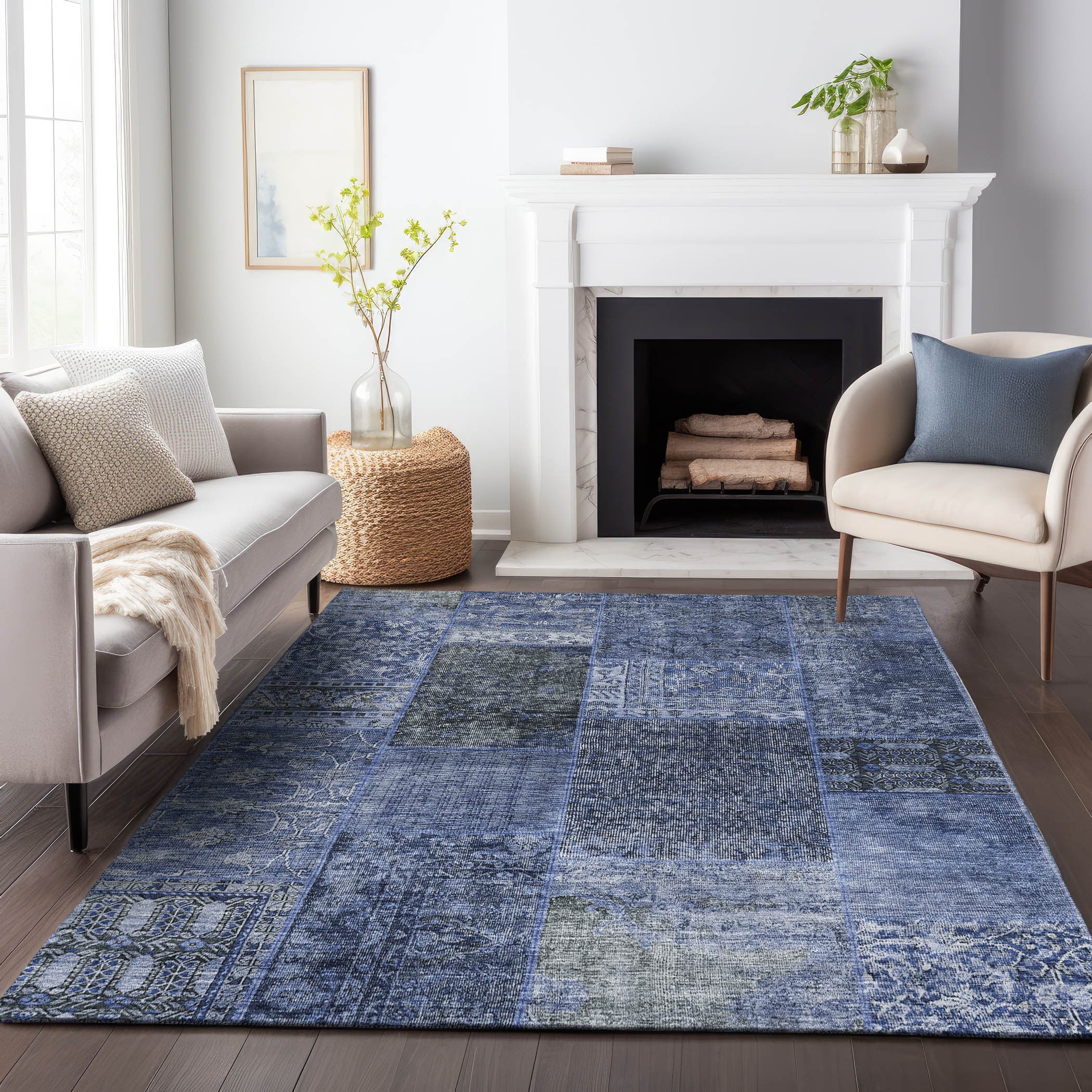 8' X 10' Navy Blue Gray And Silver Patchwork Washable Area Rug With UV Protection Homeroots Home Decor
