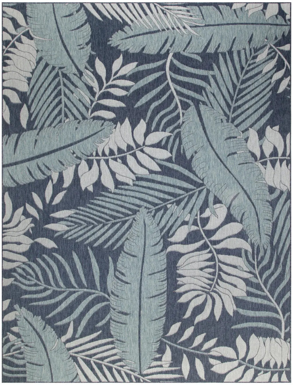 Blue and mint green tropical leaf area rug, woven fabric, modern style, perfect for indoor or outdoor decor.