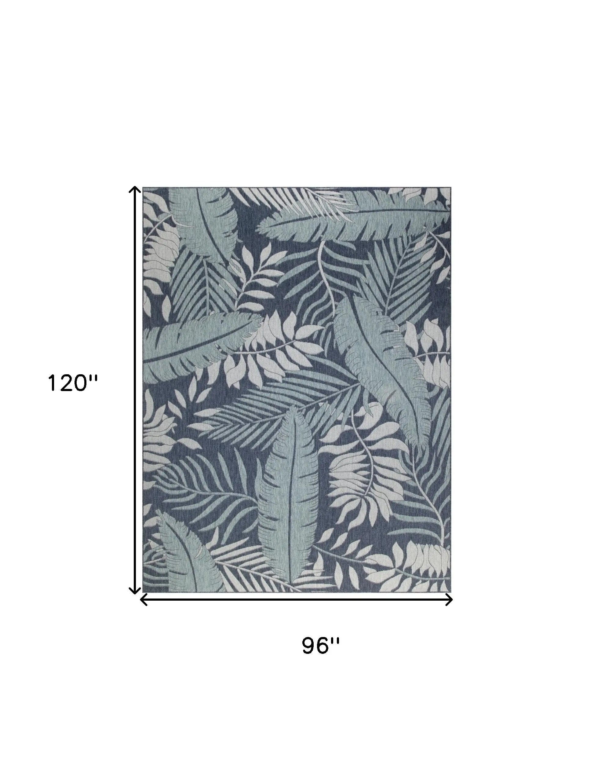 Blue and cream botanical leaf area rug, 96" x 120", woven fabric, tropical style, ideal for indoor decor.