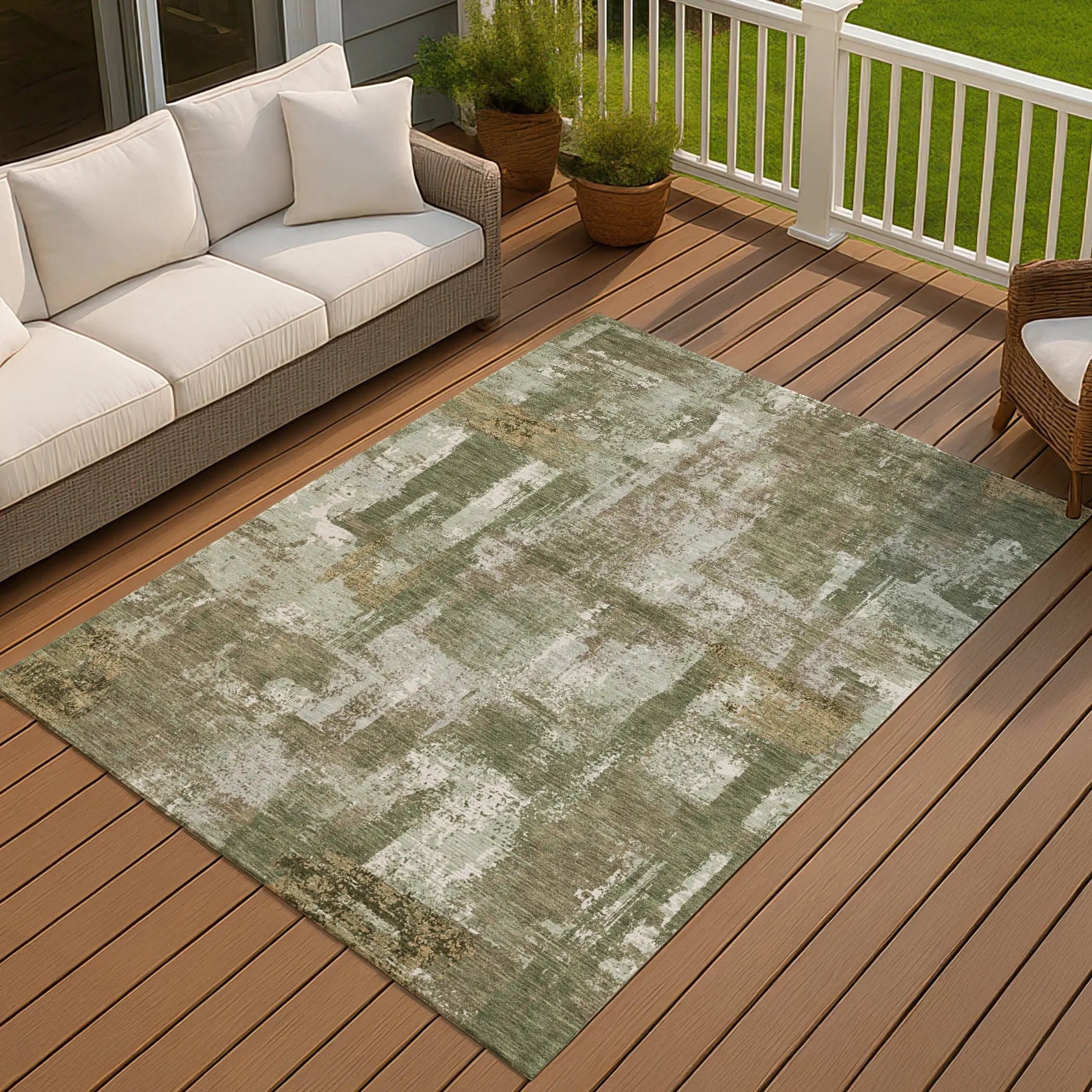 8' X 10' Olive Green And Beige Abstract Washable Indoor Outdoor Area Rug Homeroots Outdoor