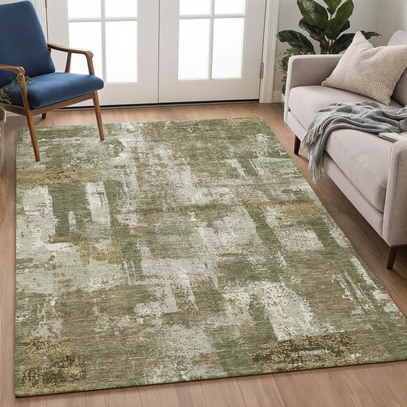 8' X 10' Olive Green And Beige Abstract Washable Indoor Outdoor Area Rug Homeroots Outdoor