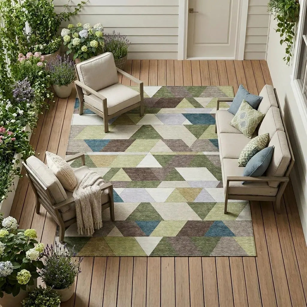8' X 10' Olive Green And Beige Geometric Washable Indoor Outdoor Area Rug Homeroots Outdoor