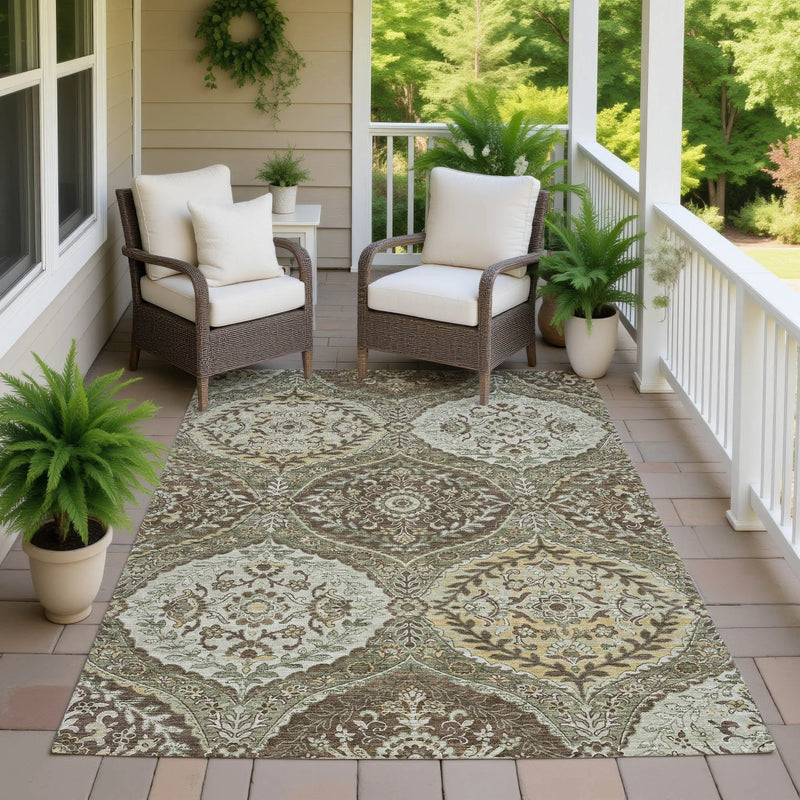 8' X 10' Olive Green And Blue Ogee Washable Indoor Outdoor Area Rug Homeroots Outdoor