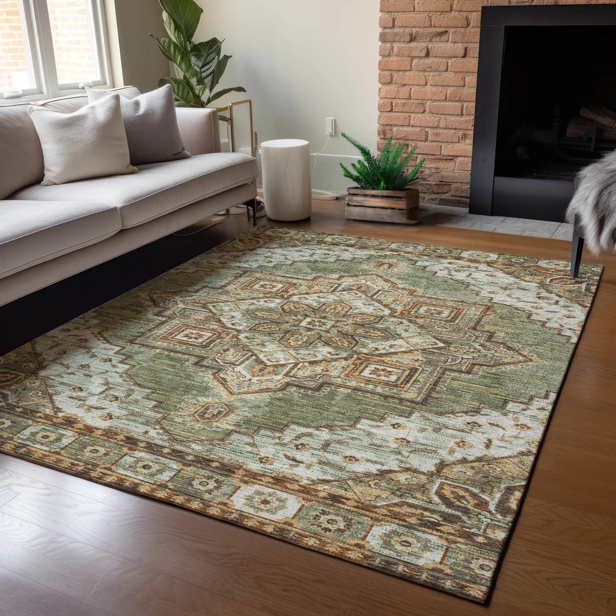 8' X 10' Olive Green And Blue Oriental Washable Indoor Outdoor Area Rug Homeroots Outdoor