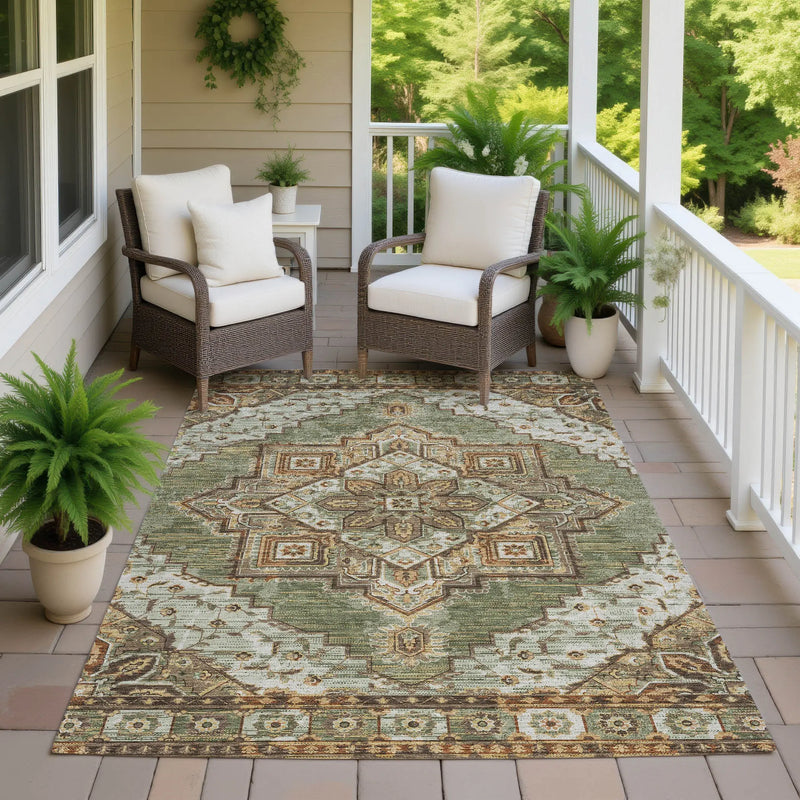 8' X 10' Olive Green And Blue Oriental Washable Indoor Outdoor Area Rug Homeroots Outdoor
