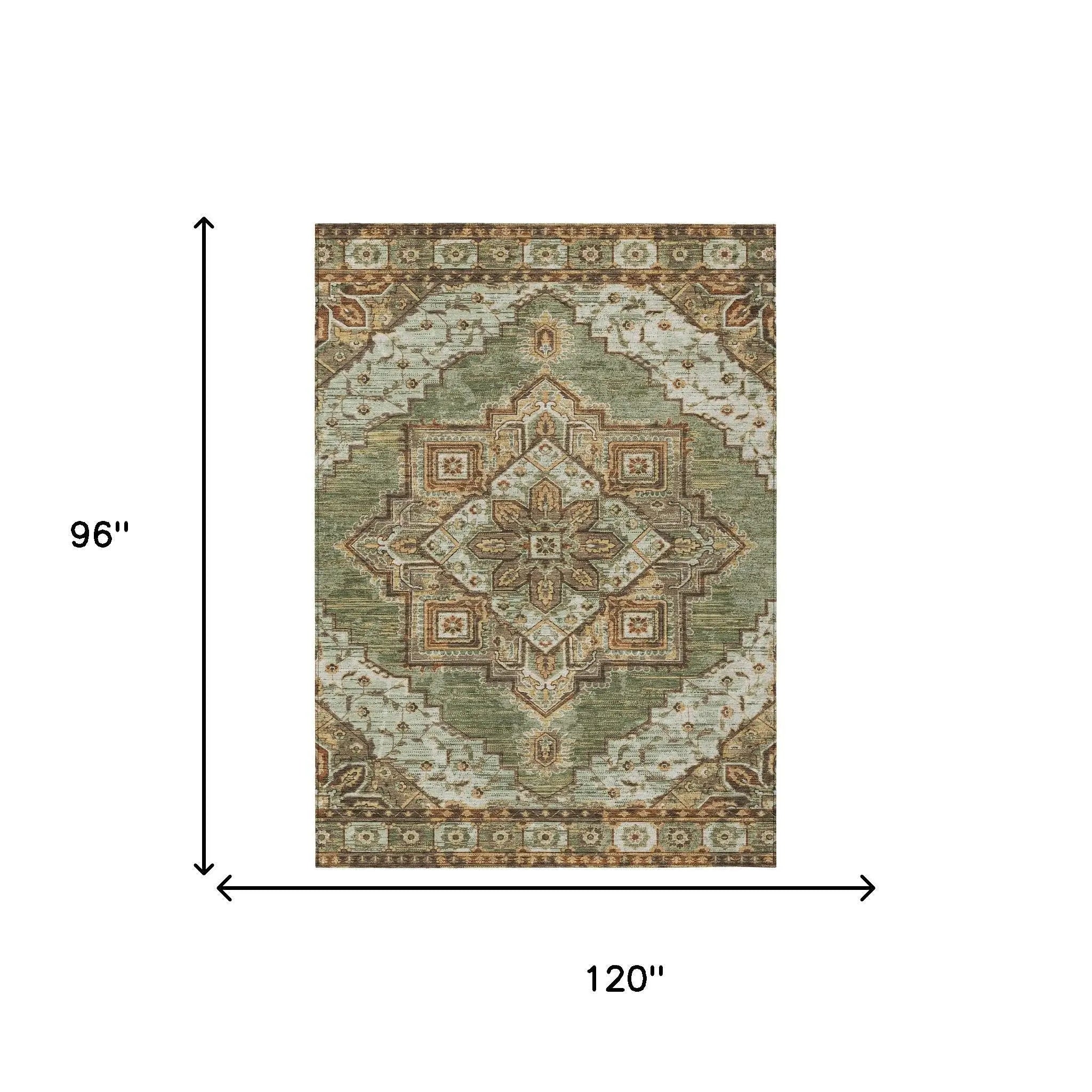 8' X 10' Olive Green And Blue Oriental Washable Indoor Outdoor Area Rug Homeroots Outdoor