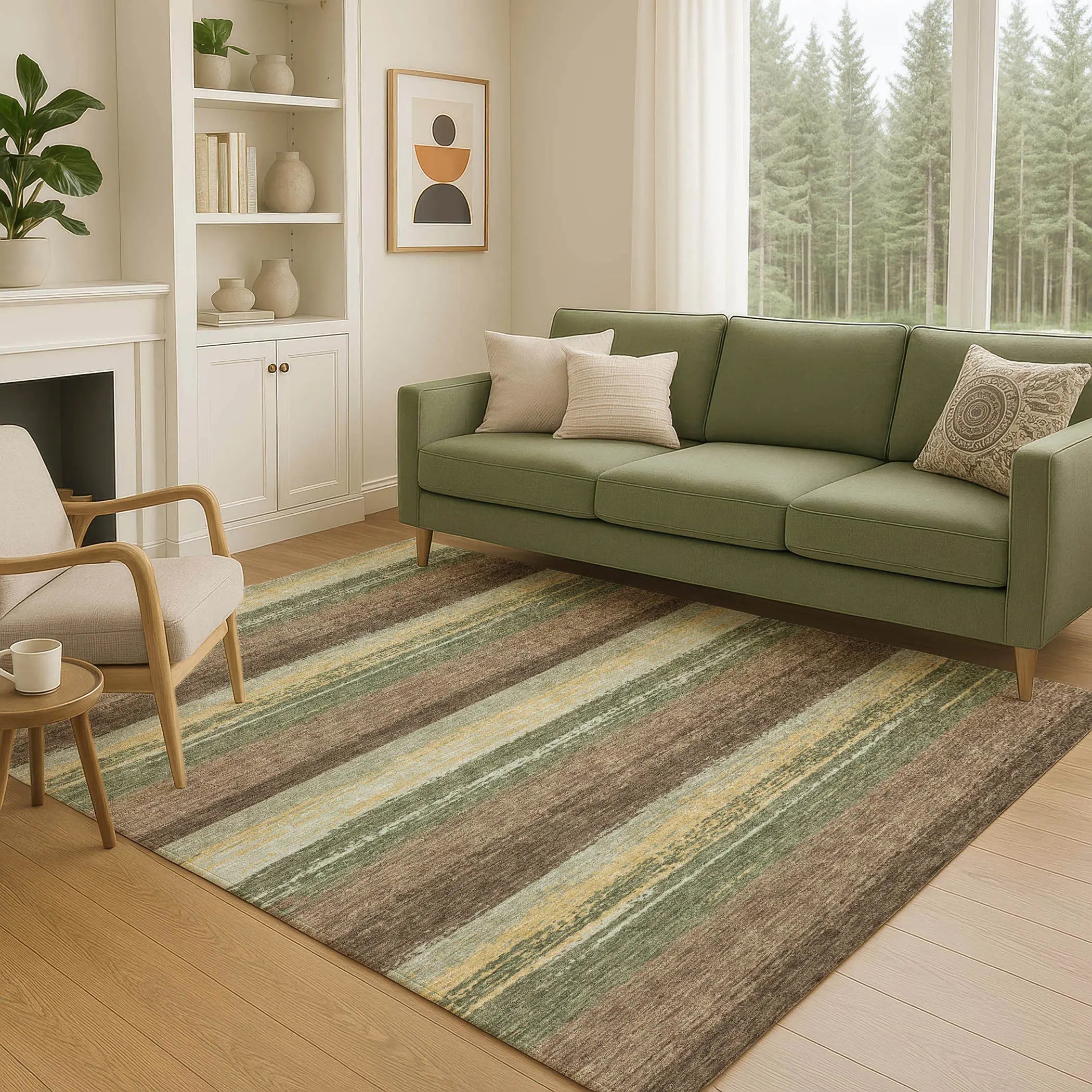8' X 10' Olive Green And Blue Striped Washable Indoor Outdoor Area Rug Homeroots Outdoor