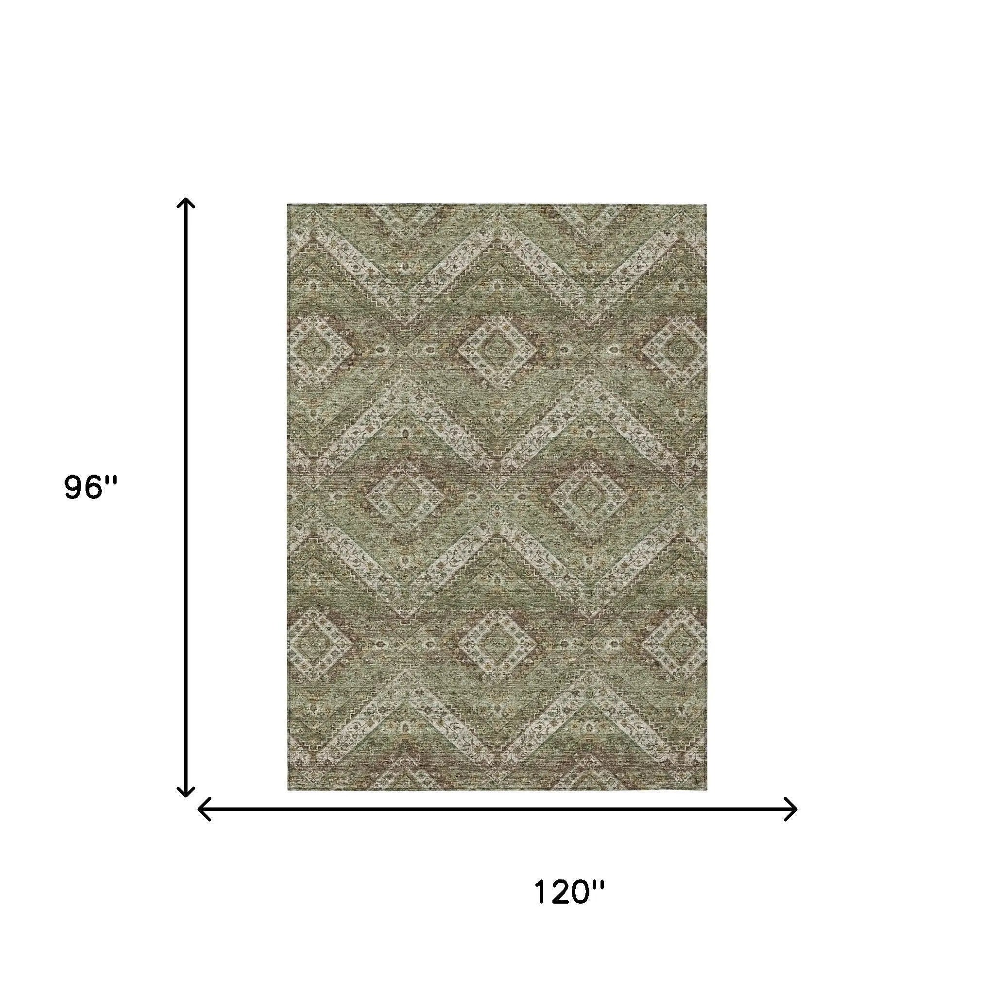 8' X 10' Olive Green And Blue Tribal Washable Indoor Outdoor Area Rug Homeroots Outdoor