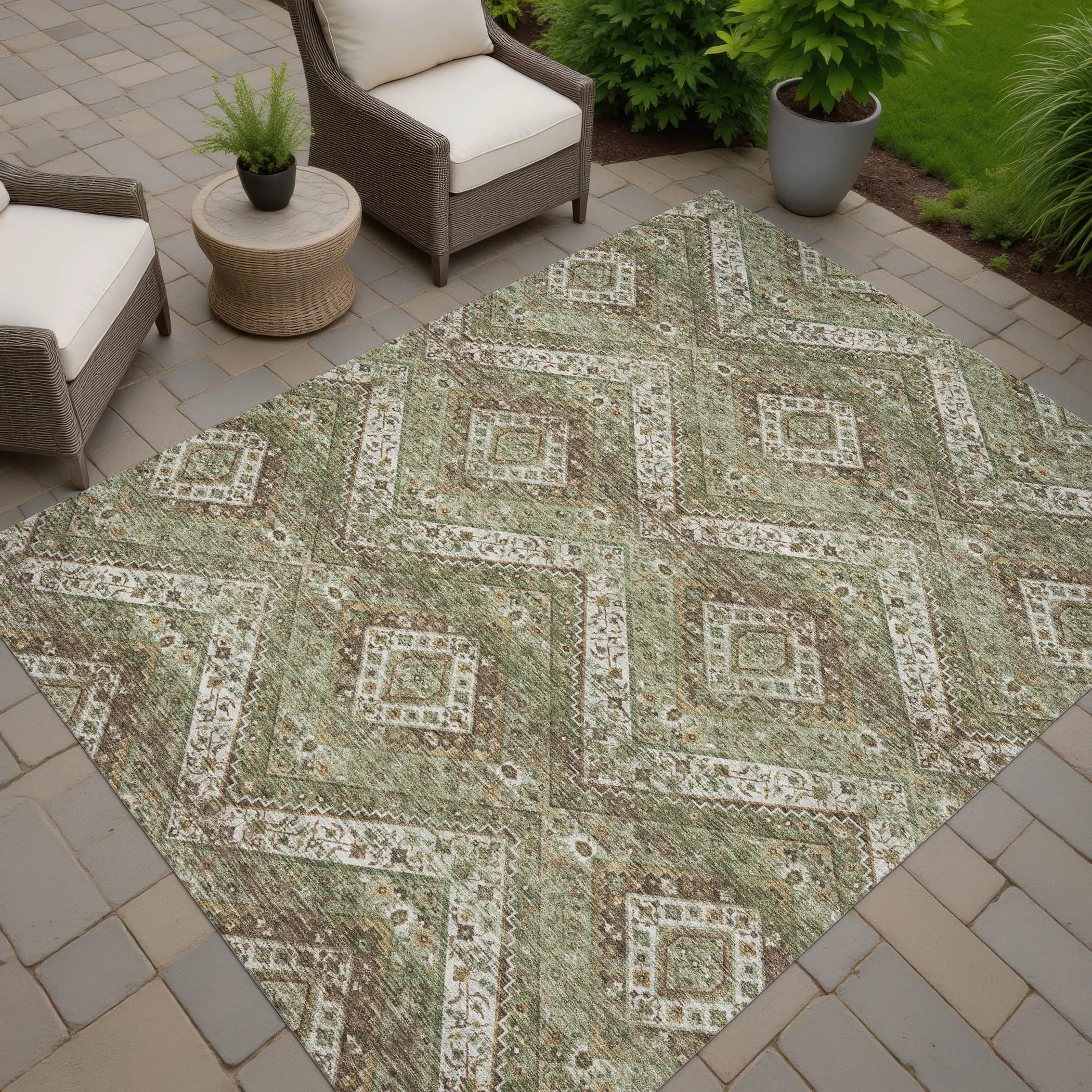 8' X 10' Olive Green And Blue Tribal Washable Indoor Outdoor Area Rug Homeroots Outdoor