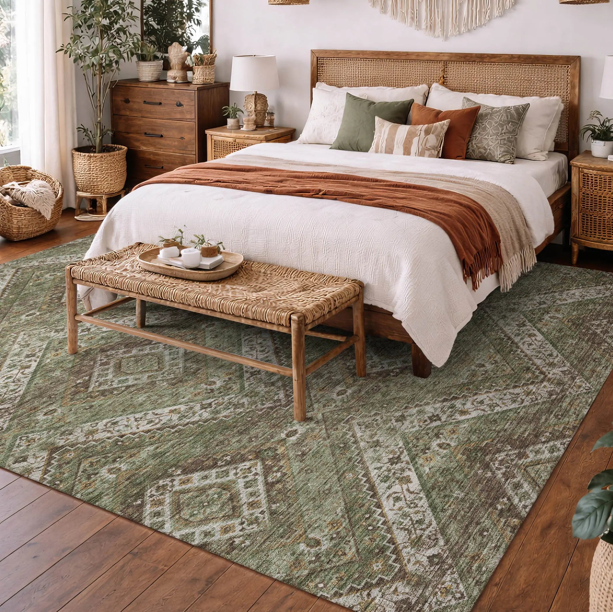 8' X 10' Olive Green And Blue Tribal Washable Indoor Outdoor Area Rug Homeroots Outdoor