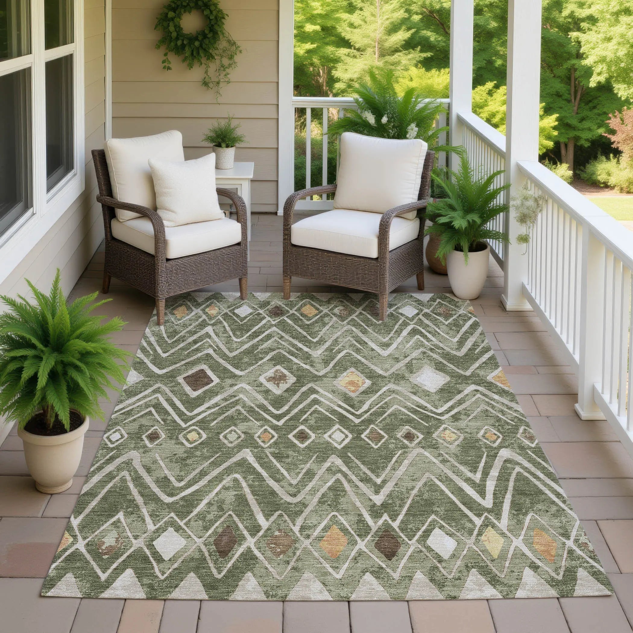 8' X 10' Olive Green And Brown Geometric Washable Indoor Outdoor Area Rug Homeroots Outdoor