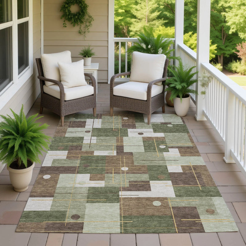 8' X 10' Olive Green And Brown Geometric Washable Indoor Outdoor Area Rug Homeroots Outdoor