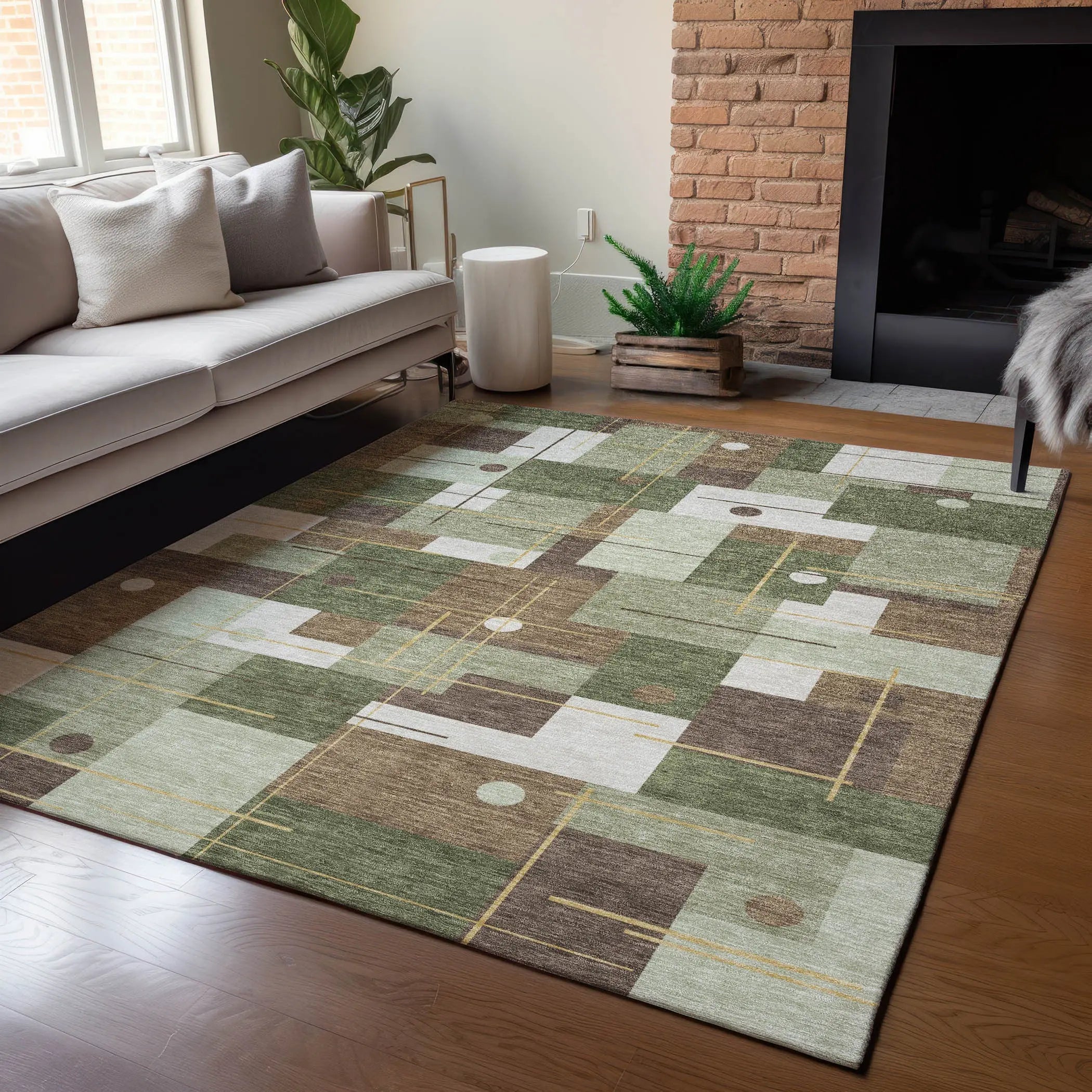 8' X 10' Olive Green And Brown Geometric Washable Indoor Outdoor Area Rug Homeroots Outdoor