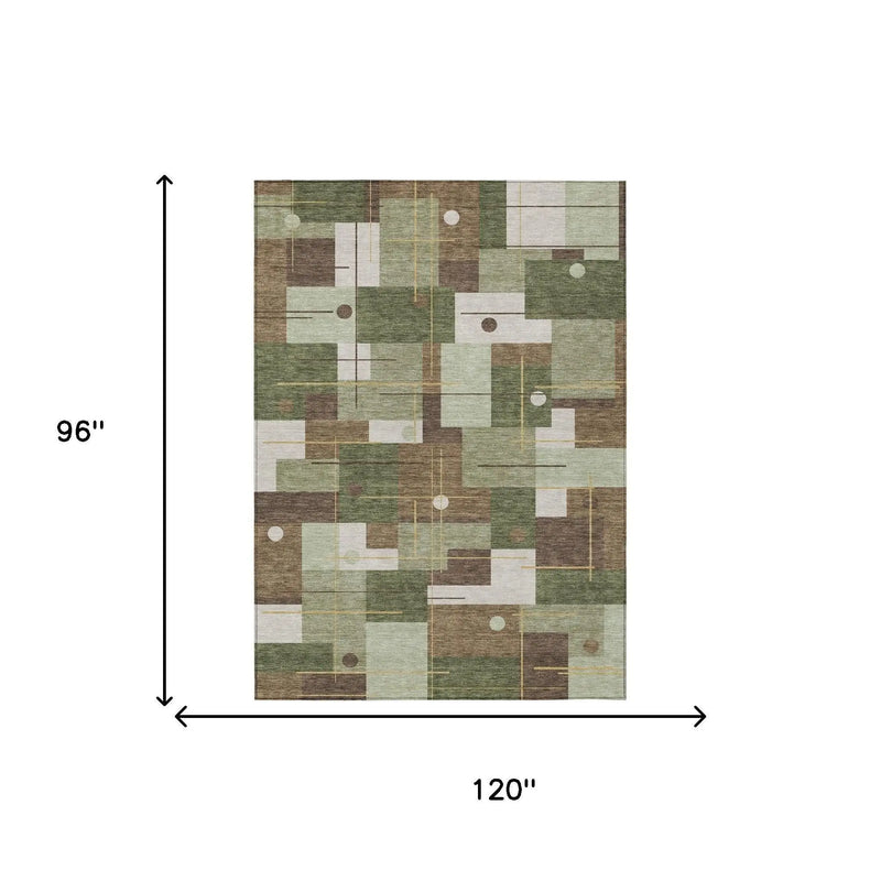 8' X 10' Olive Green And Brown Geometric Washable Indoor Outdoor Area Rug Homeroots Outdoor
