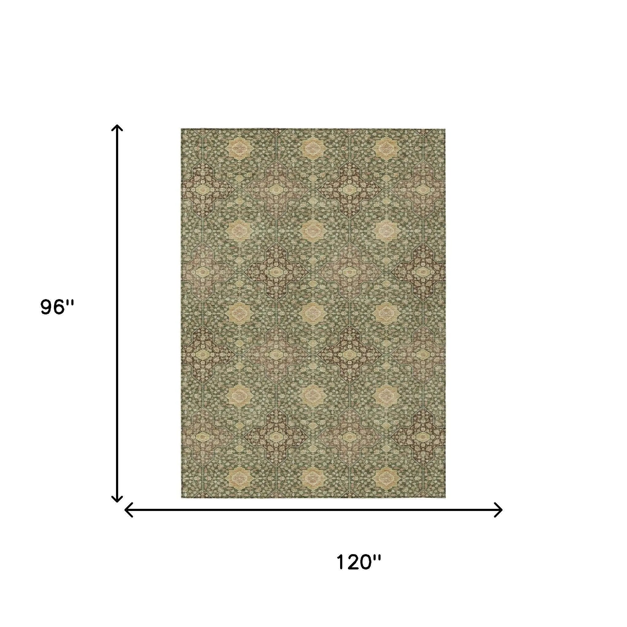 8' X 10' Olive Green And Chocolate Damask Washable Indoor Outdoor Area Rug Homeroots Outdoor