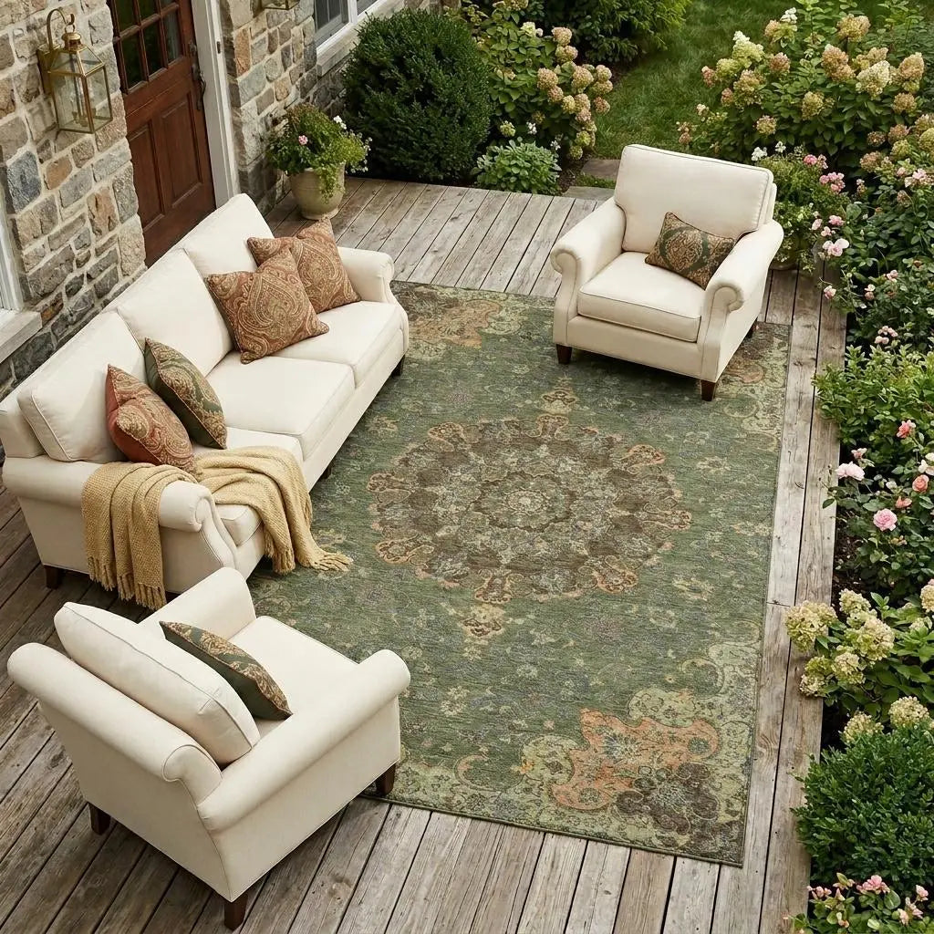 8' X 10' Olive Green And Chocolate Floral Medallion Washable Indoor Outdoor Area Rug Homeroots Outdoor
