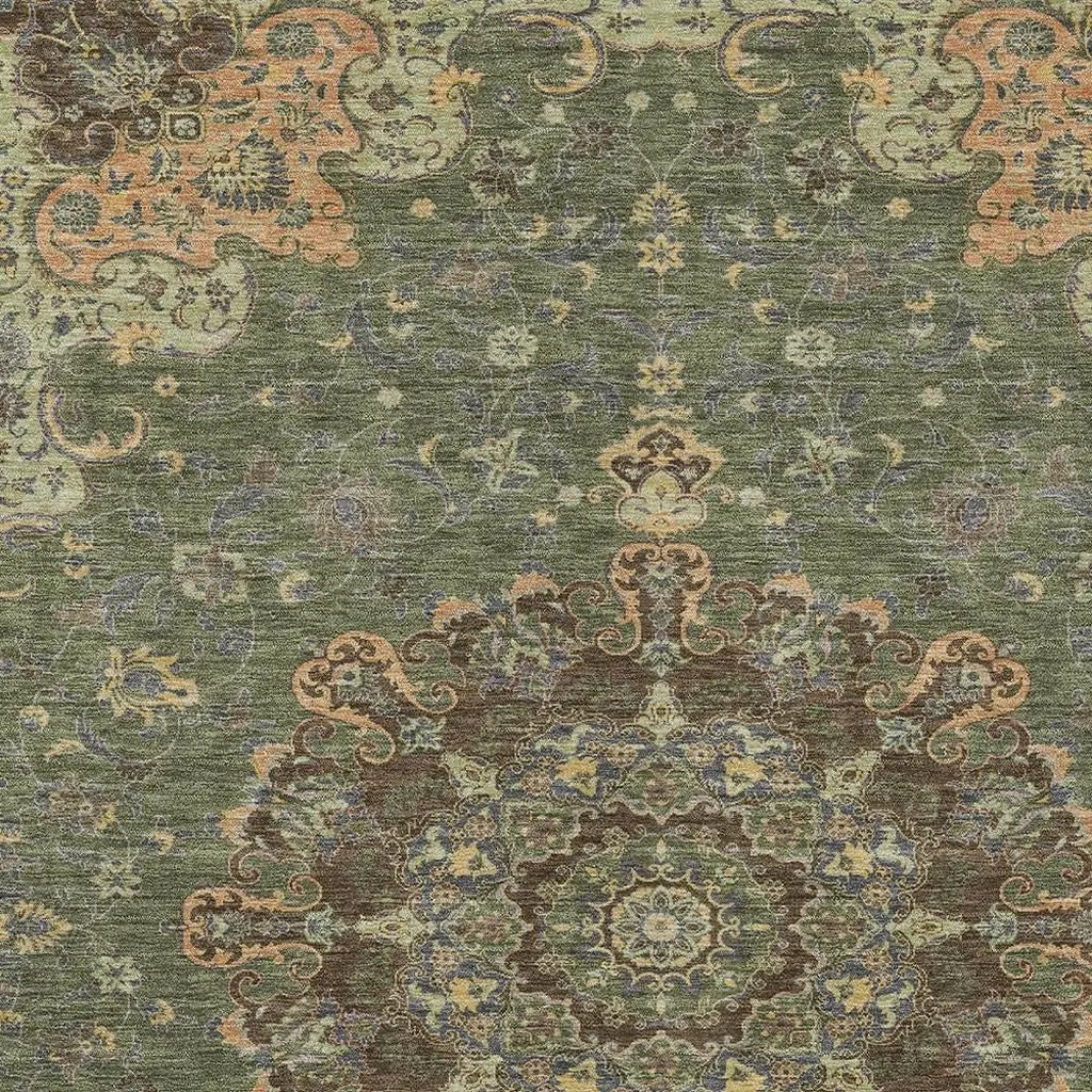 8' X 10' Olive Green And Chocolate Floral Medallion Washable Indoor Outdoor Area Rug Homeroots Outdoor