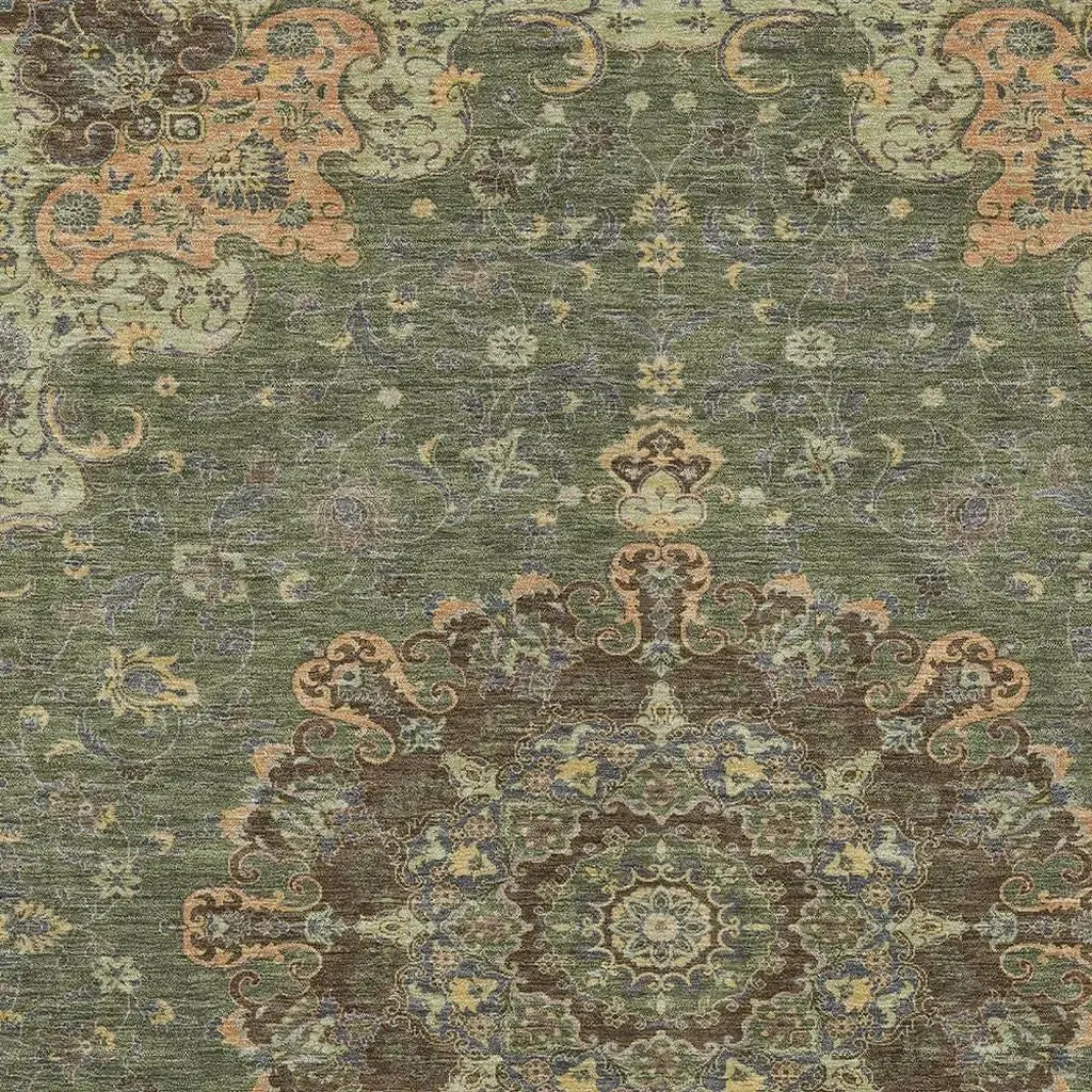 8' X 10' Olive Green And Chocolate Floral Medallion Washable Indoor Outdoor Area Rug Homeroots Outdoor