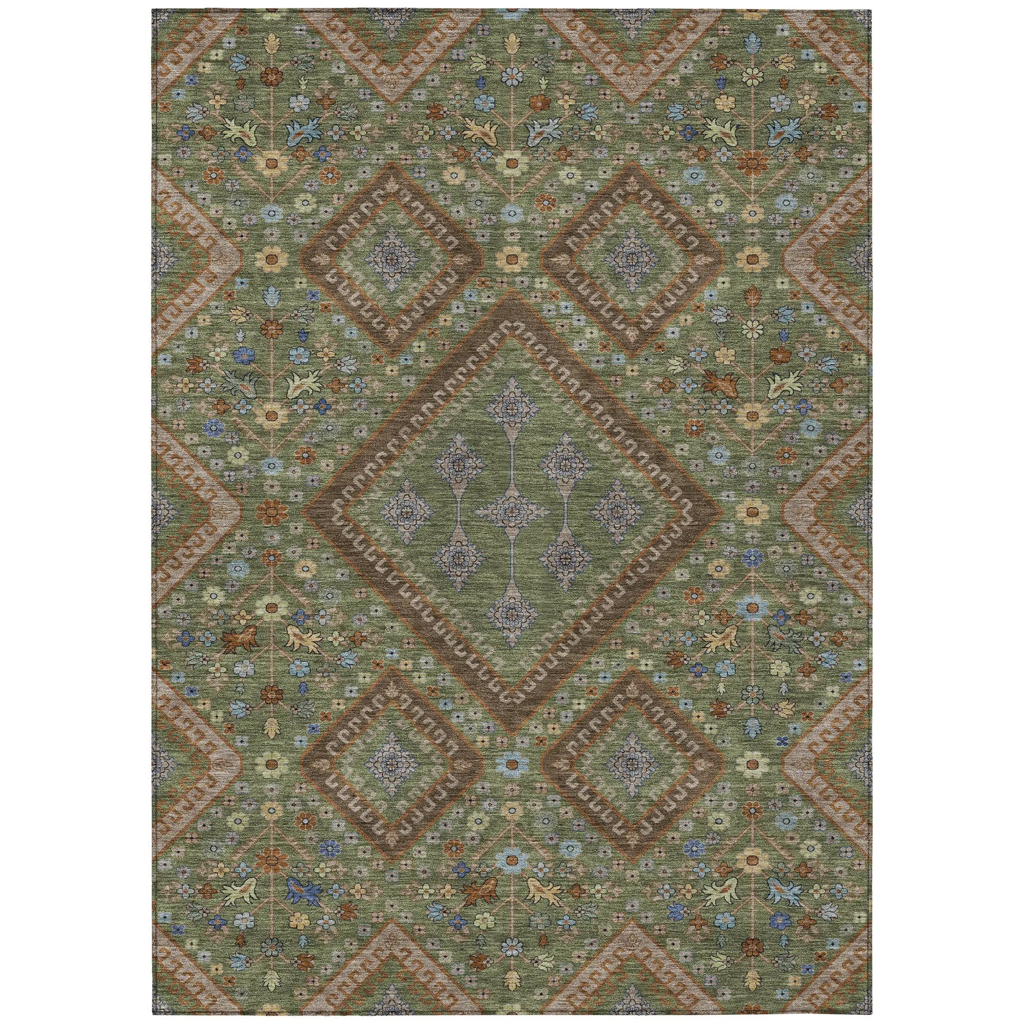 8' X 10' Olive Green And Chocolate Medallion Washable Indoor Outdoor Area Rug Homeroots Outdoor