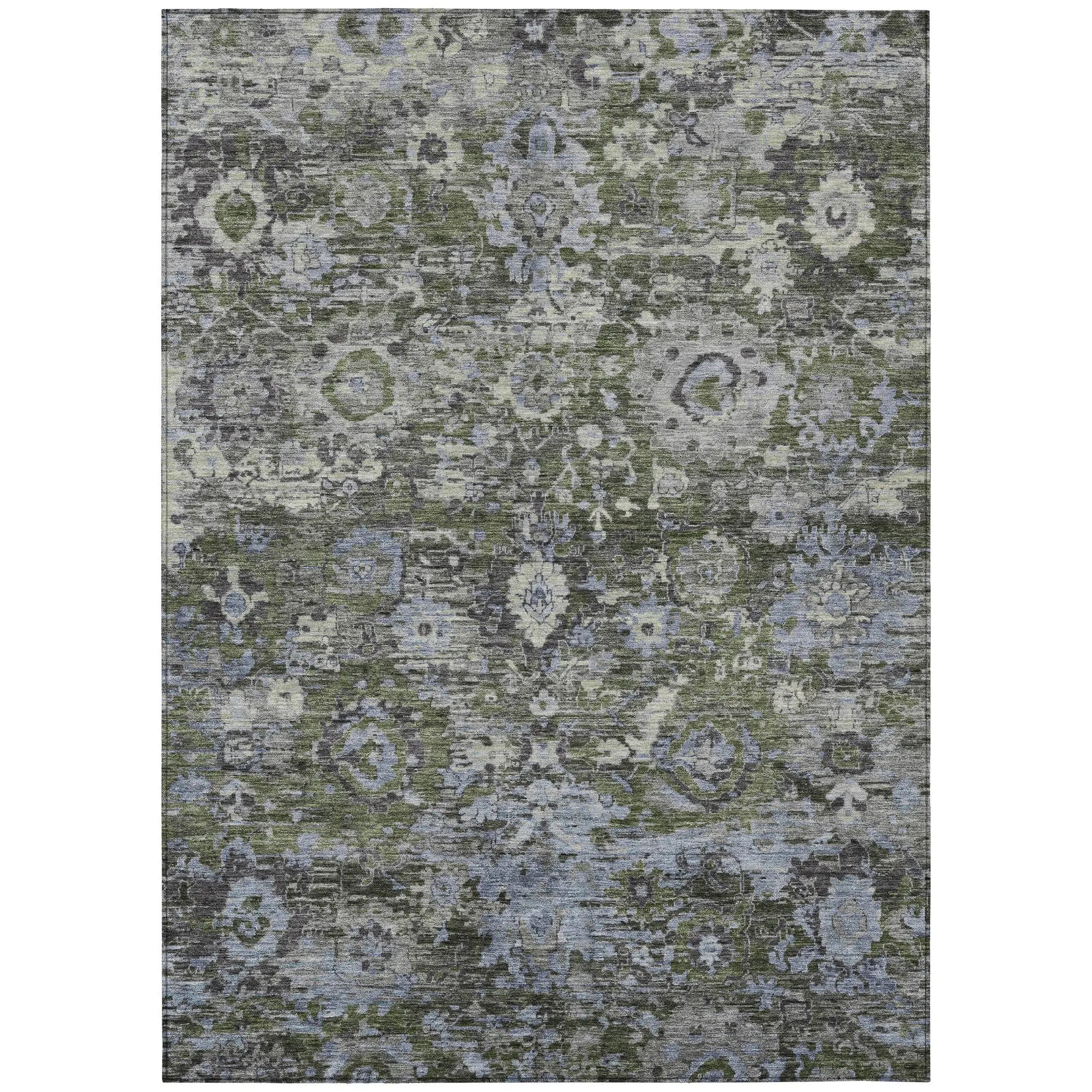 8' X 10' Olive Green And Denim Blue Floral Washable Indoor Outdoor Area Rug Homeroots Outdoor
