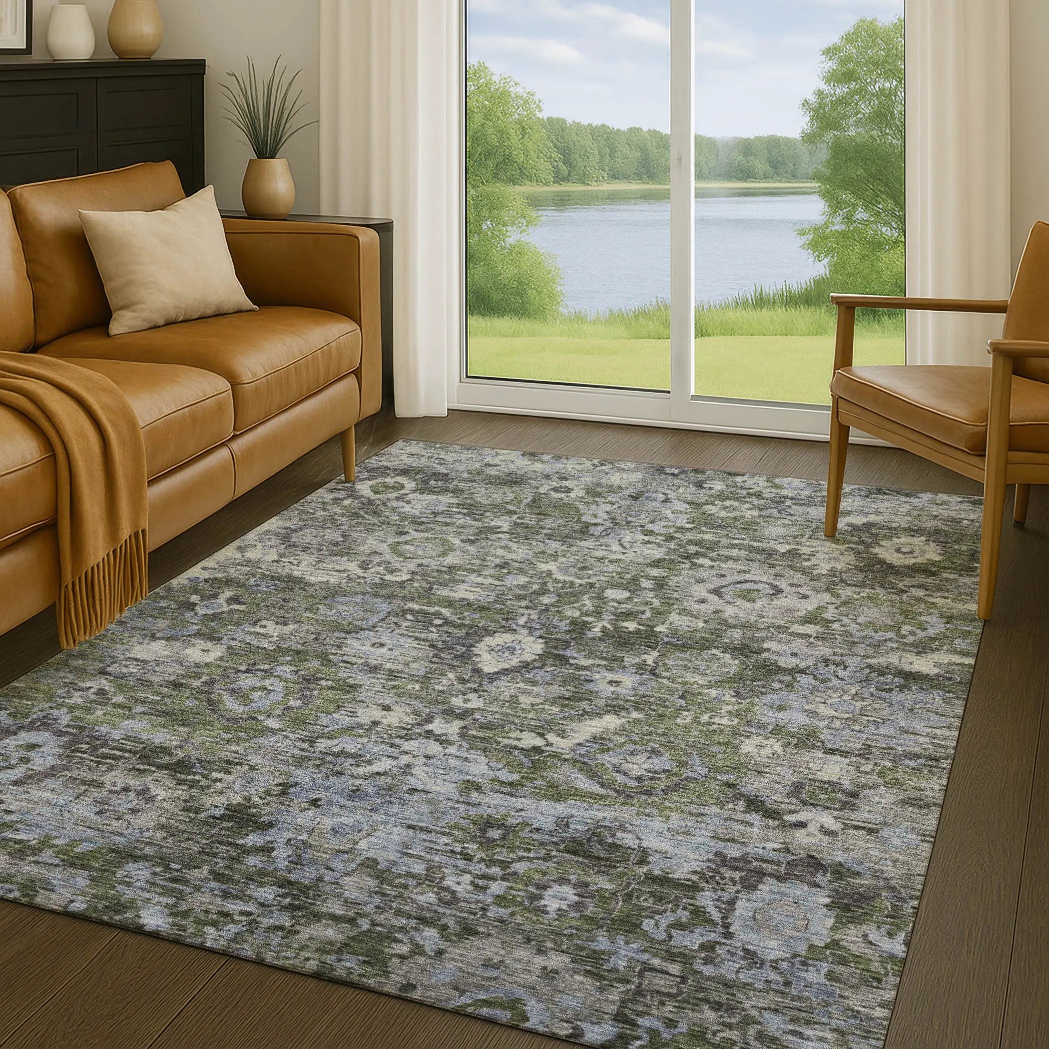 8' X 10' Olive Green And Denim Blue Floral Washable Indoor Outdoor Area Rug Homeroots Outdoor