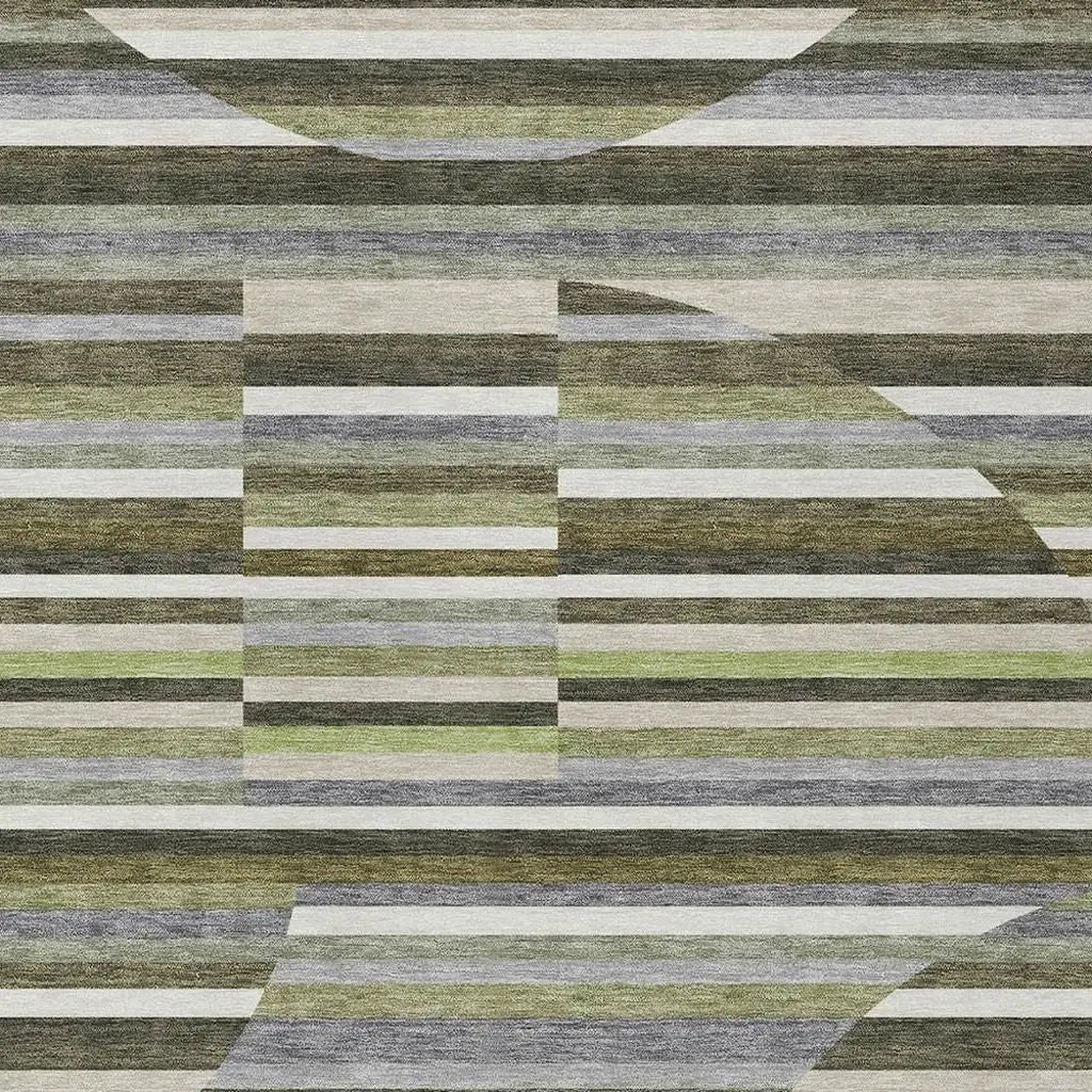8' X 10' Olive Green And Fern Green Striped Washable Indoor Outdoor Area Rug Homeroots Outdoor
