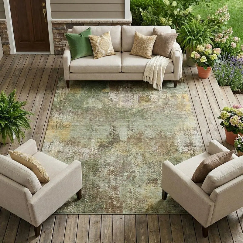8' X 10' Olive Green And Green Abstract Washable Indoor Outdoor Area Rug Homeroots Outdoor