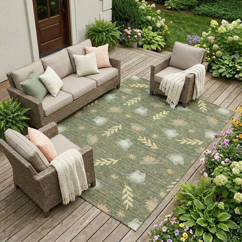 8' X 10' Olive Green And Green Botanical Leaves Washable Indoor Outdoor Area Rug Homeroots Outdoor