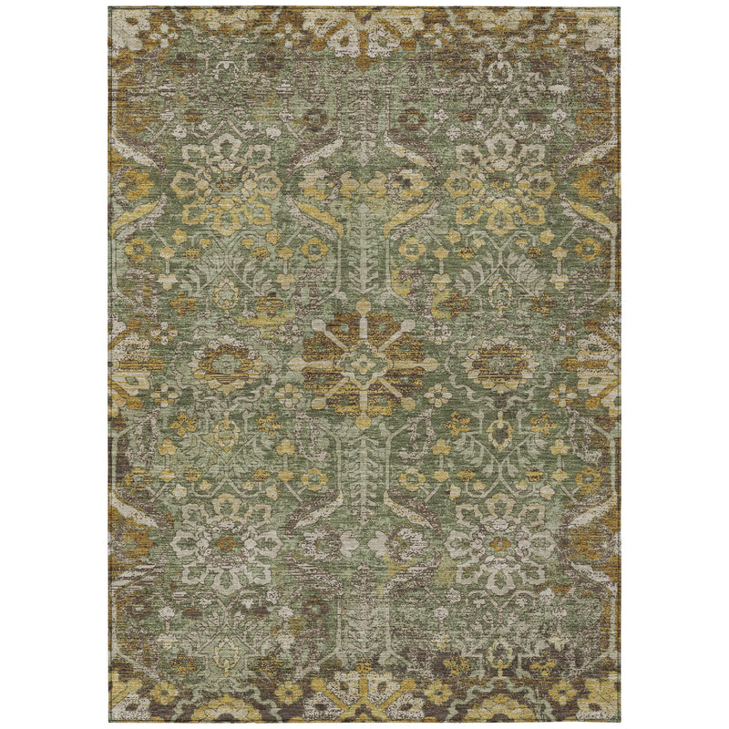 8' X 10' Olive Green And Green Damask Washable Indoor Outdoor Area Rug Homeroots Outdoor