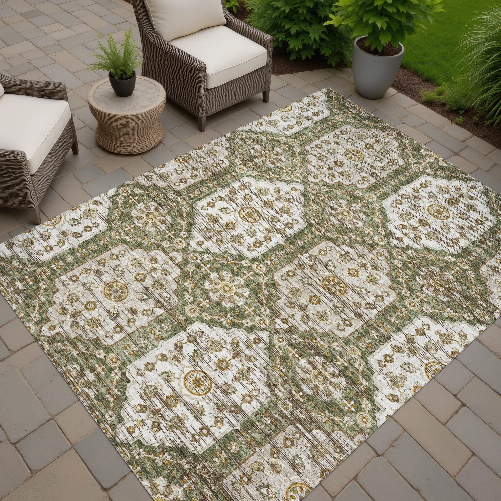 8' X 10' Olive Green And Green Damask Washable Indoor Outdoor Area Rug Homeroots Outdoor