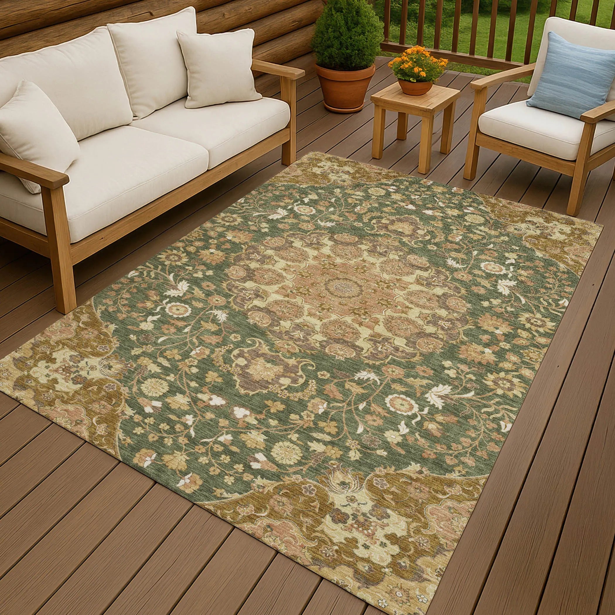 8' X 10' Olive Green And Green Damask Washable Indoor Outdoor Area Rug Homeroots Outdoor