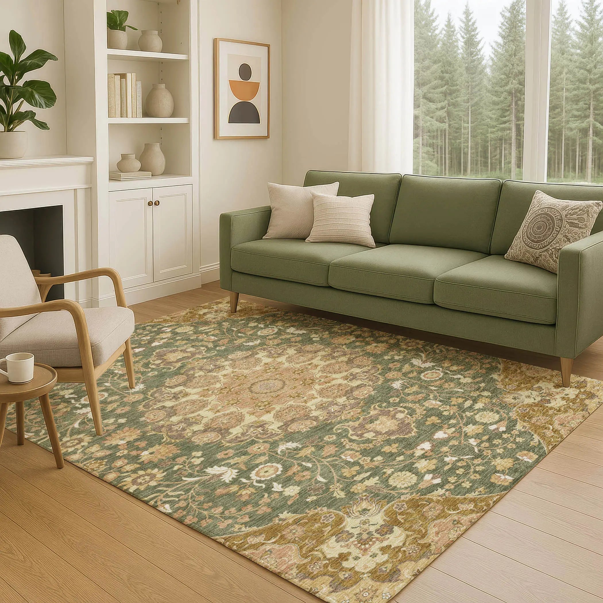8' X 10' Olive Green And Green Damask Washable Indoor Outdoor Area Rug Homeroots Outdoor