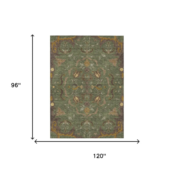 8' X 10' Olive Green And Green Damask Washable Indoor Outdoor Area Rug Homeroots Outdoor