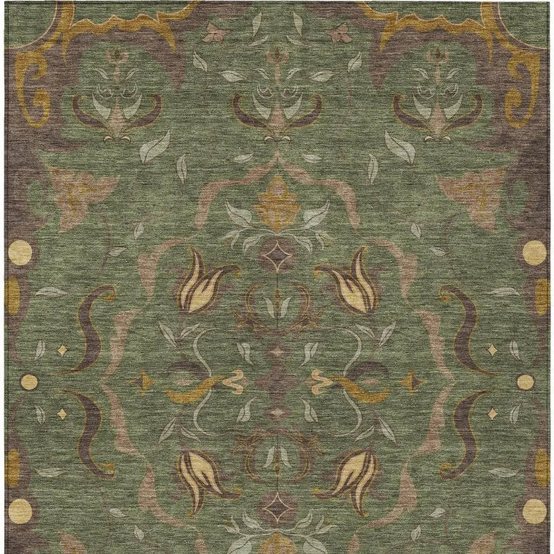 8' X 10' Olive Green And Green Damask Washable Indoor Outdoor Area Rug Homeroots Outdoor