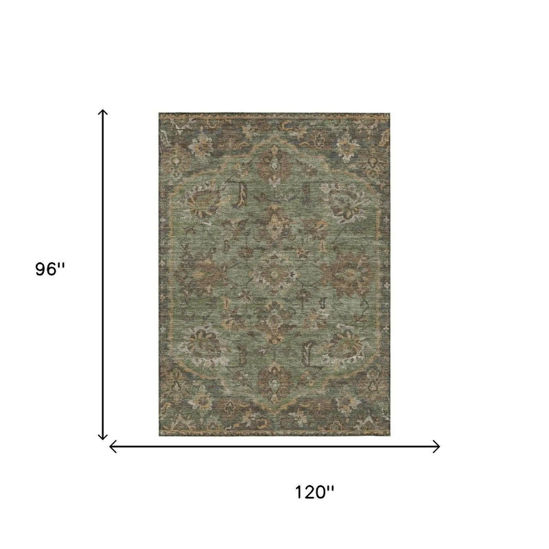 8' X 10' Olive Green And Green Floral Medallion Washable Indoor Outdoor Area Rug Homeroots Outdoor