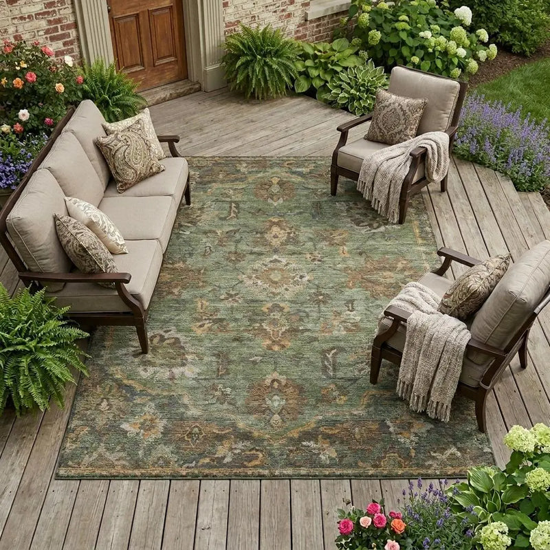 8' X 10' Olive Green And Green Floral Medallion Washable Indoor Outdoor Area Rug Homeroots Outdoor