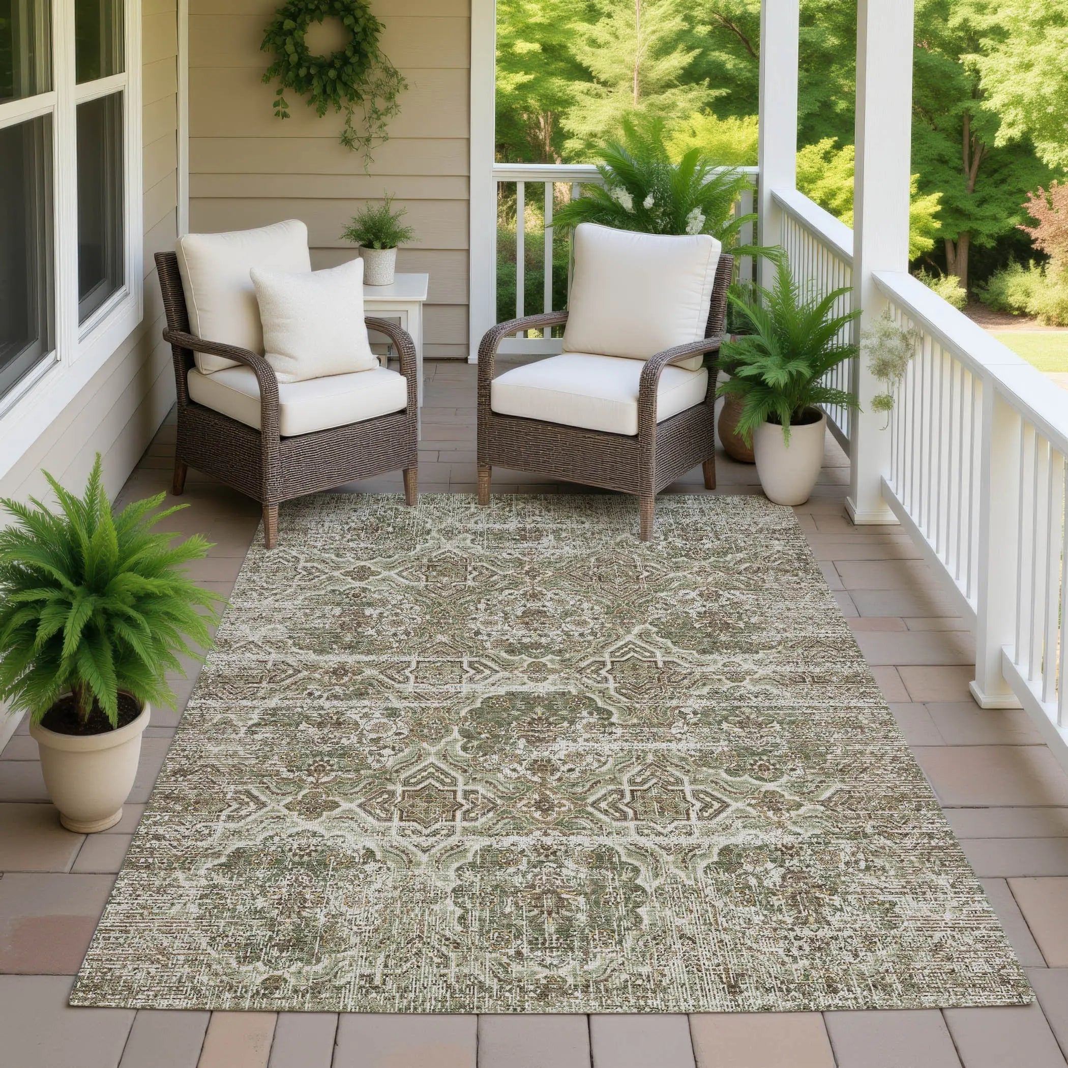 8' X 10' Olive Green And Green Floral Washable Indoor Outdoor Area Rug Homeroots Outdoor