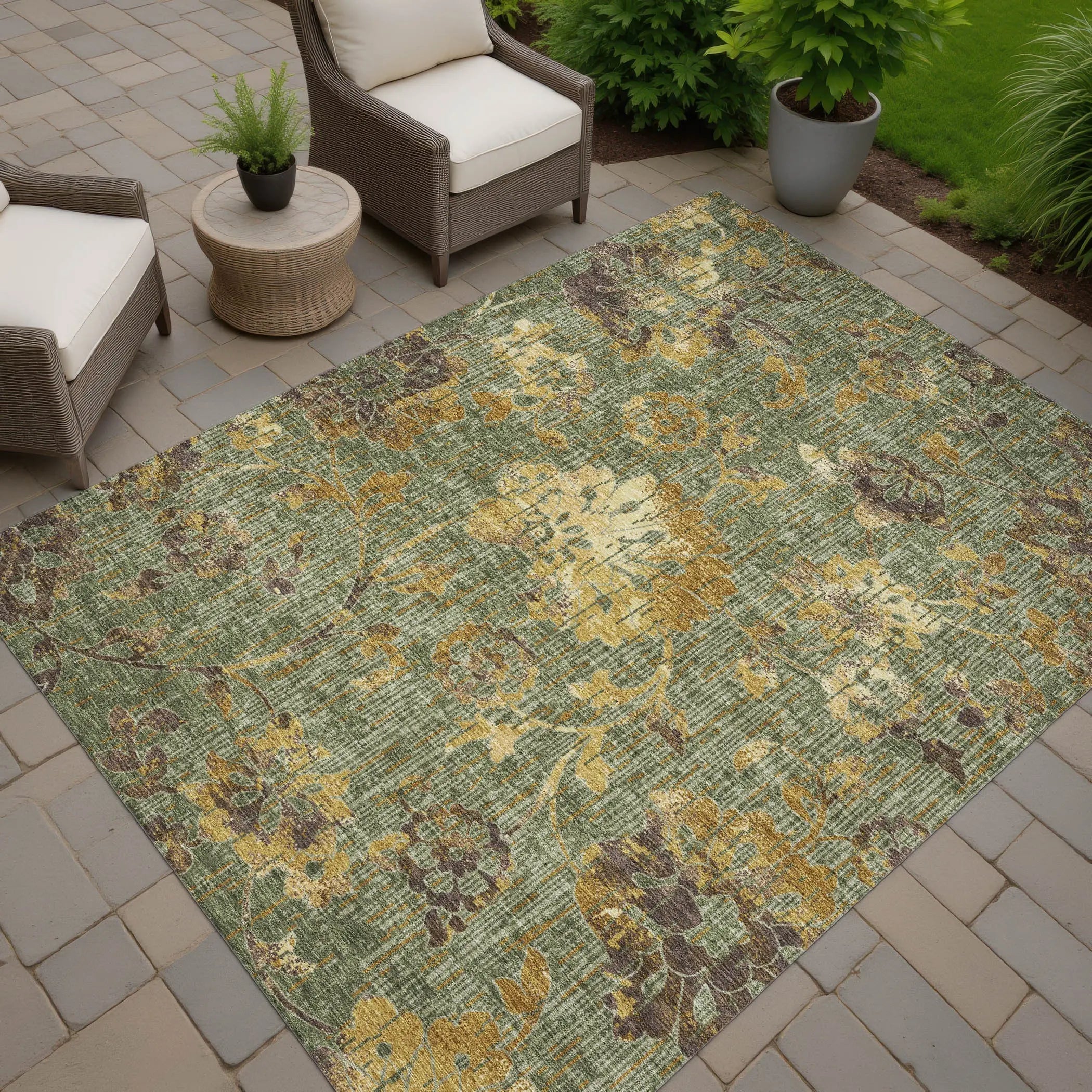 8' X 10' Olive Green And Green Floral Washable Indoor Outdoor Area Rug Homeroots Outdoor