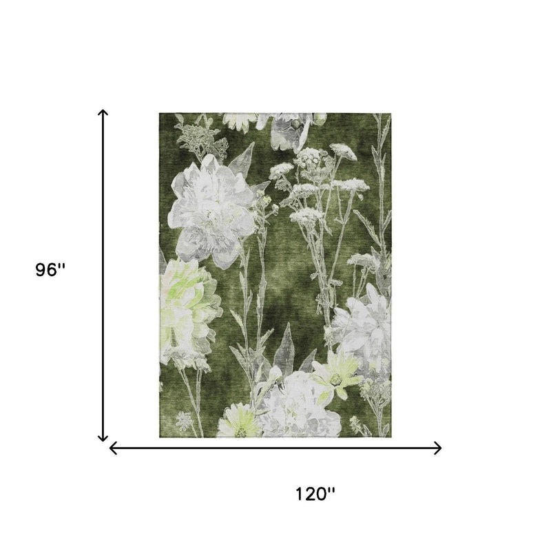 8' X 10' Olive Green And Green Floral Washable Indoor Outdoor Area Rug Homeroots Outdoor