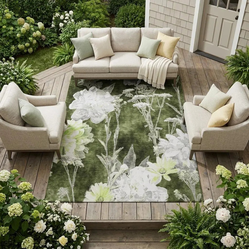 8' X 10' Olive Green And Green Floral Washable Indoor Outdoor Area Rug Homeroots Outdoor