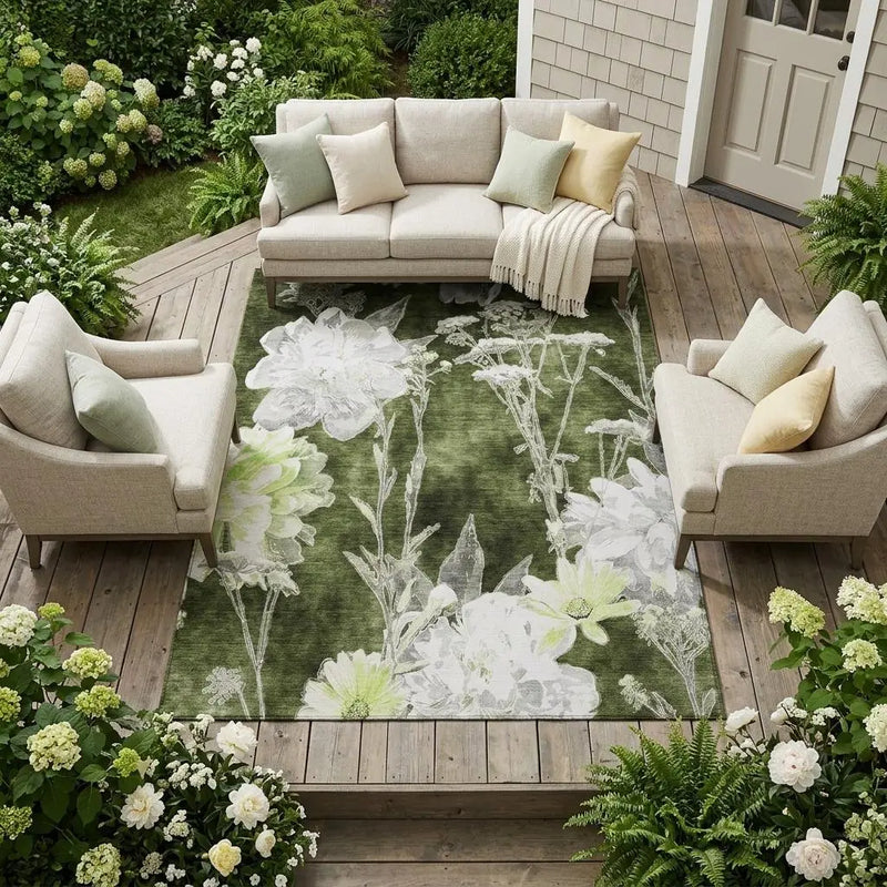 8' X 10' Olive Green And Green Floral Washable Indoor Outdoor Area Rug Homeroots Outdoor