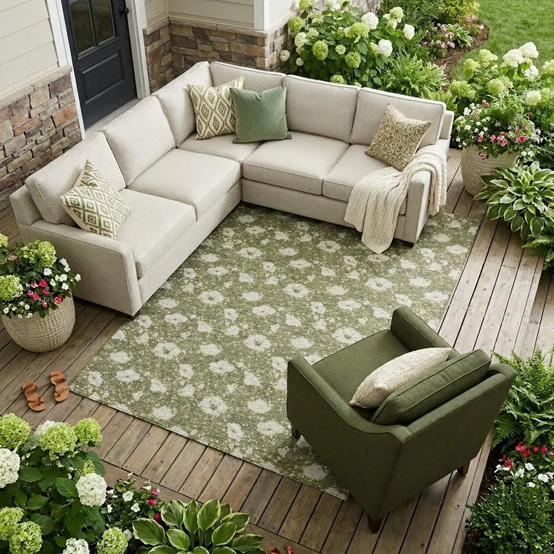 8' X 10' Olive Green And Green Floral Washable Indoor Outdoor Area Rug Homeroots Outdoor