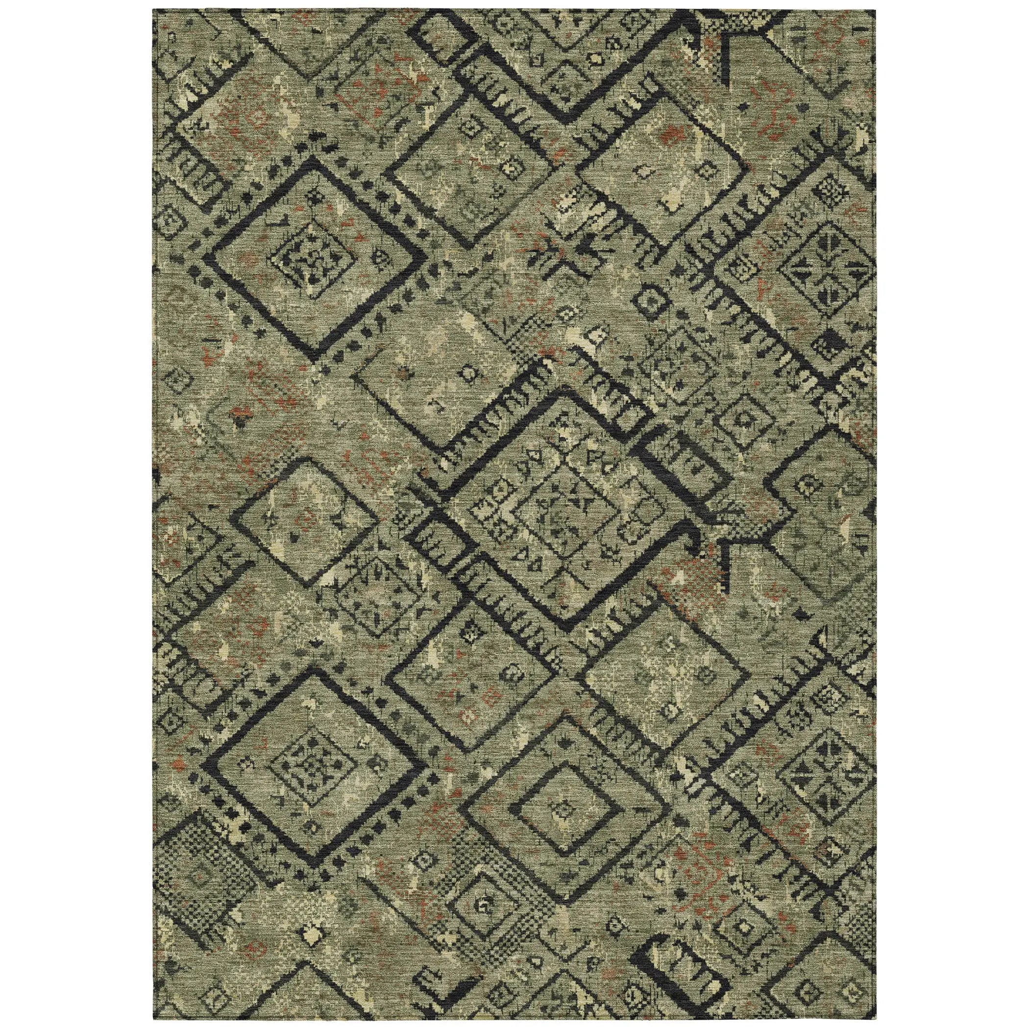 8' X 10' Olive Green And Green Geometric Washable Indoor Outdoor Area Rug Homeroots Outdoor