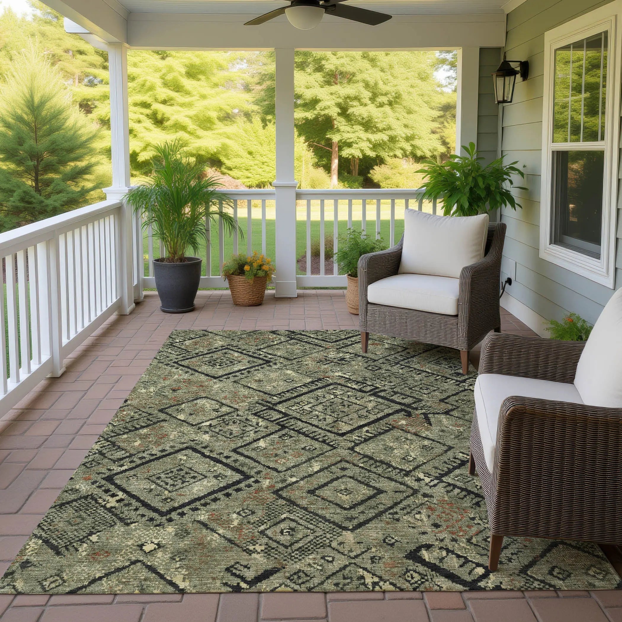 8' X 10' Olive Green And Green Geometric Washable Indoor Outdoor Area Rug Homeroots Outdoor