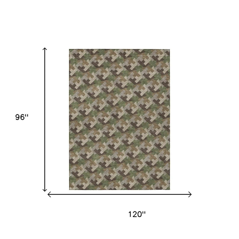 8' X 10' Olive Green And Green Geometric Washable Indoor Outdoor Area Rug Homeroots Outdoor