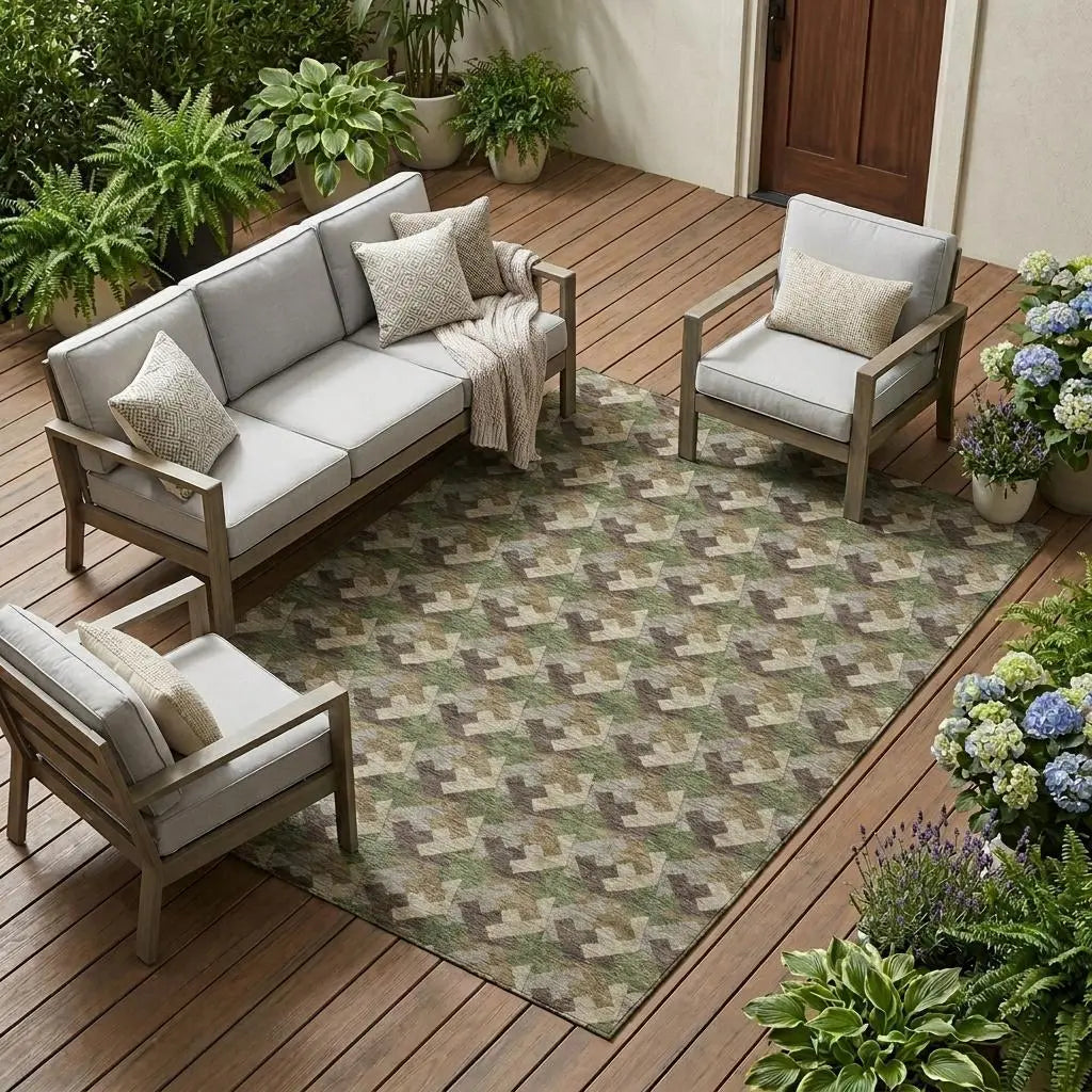 8' X 10' Olive Green And Green Geometric Washable Indoor Outdoor Area Rug Homeroots Outdoor