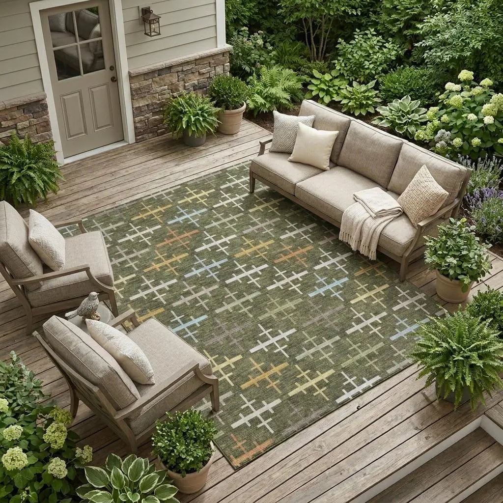 8' X 10' Olive Green And Green Geometric Washable Indoor Outdoor Area Rug Homeroots Outdoor