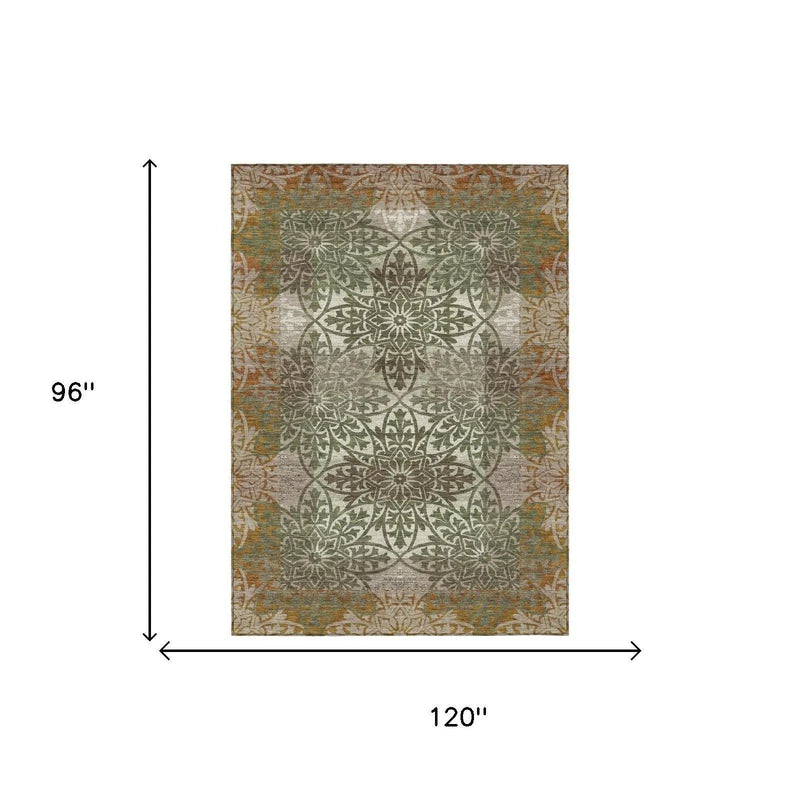 8' X 10' Olive Green And Green Oriental Washable Indoor Outdoor Area Rug Homeroots Outdoor