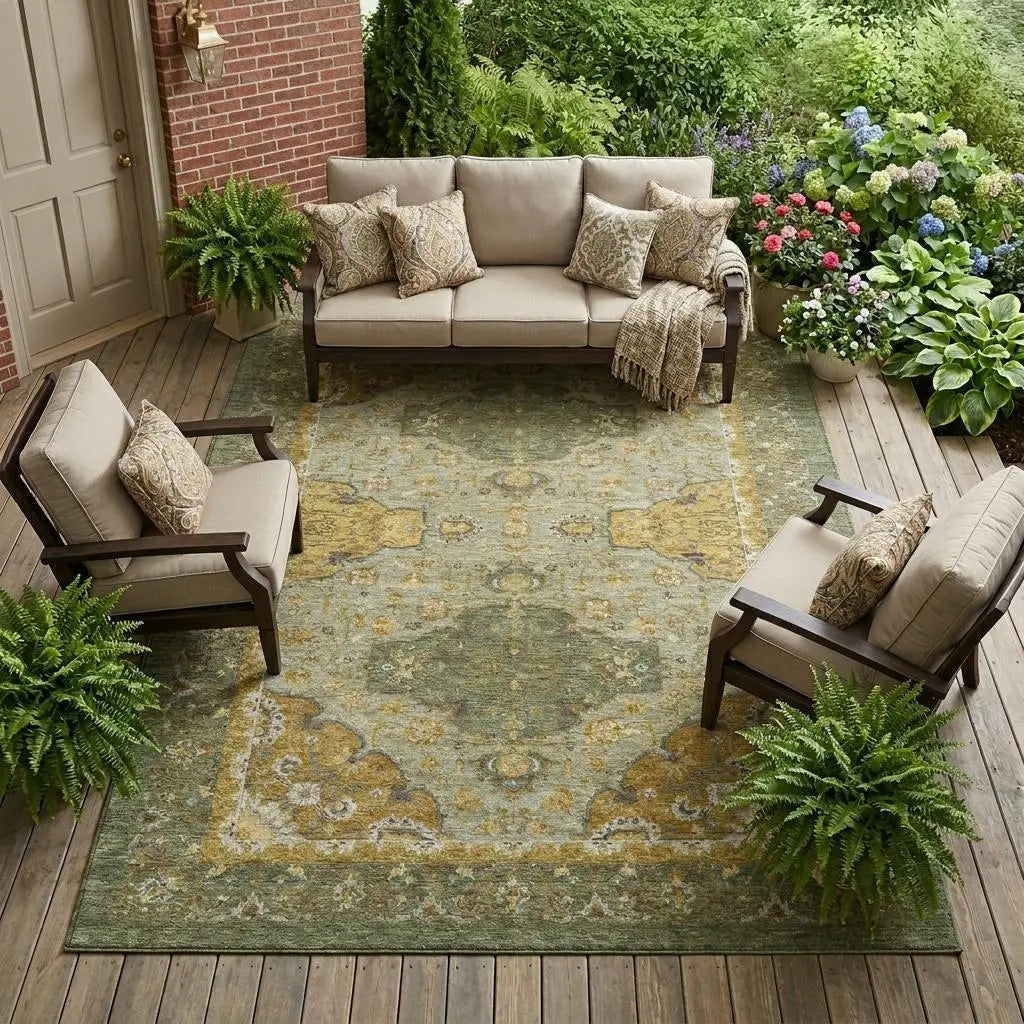 8' X 10' Olive Green And Green Oriental Washable Indoor Outdoor Area Rug Homeroots Outdoor