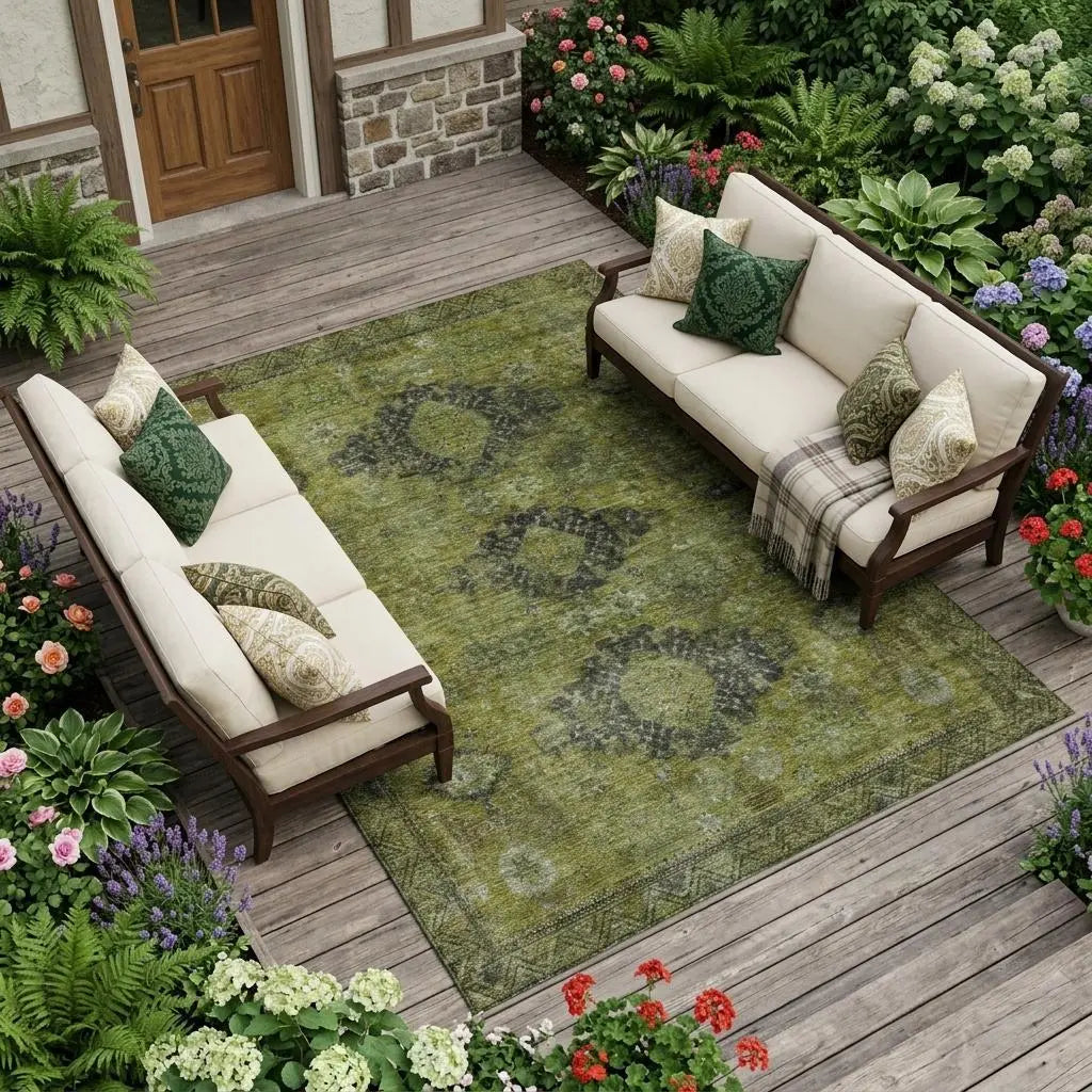 8' X 10' Olive Green And Green Oriental Washable Indoor Outdoor Area Rug Homeroots Outdoor